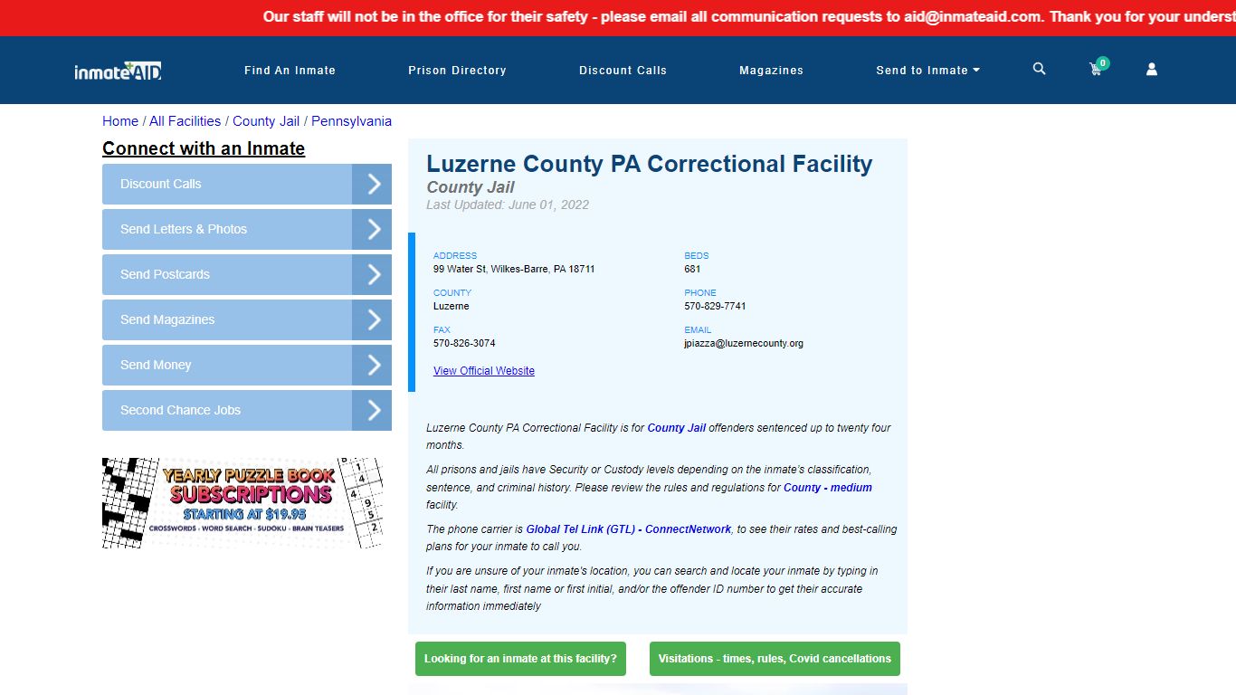 Luzerne County PA Correctional Facility - Inmate Locator ...